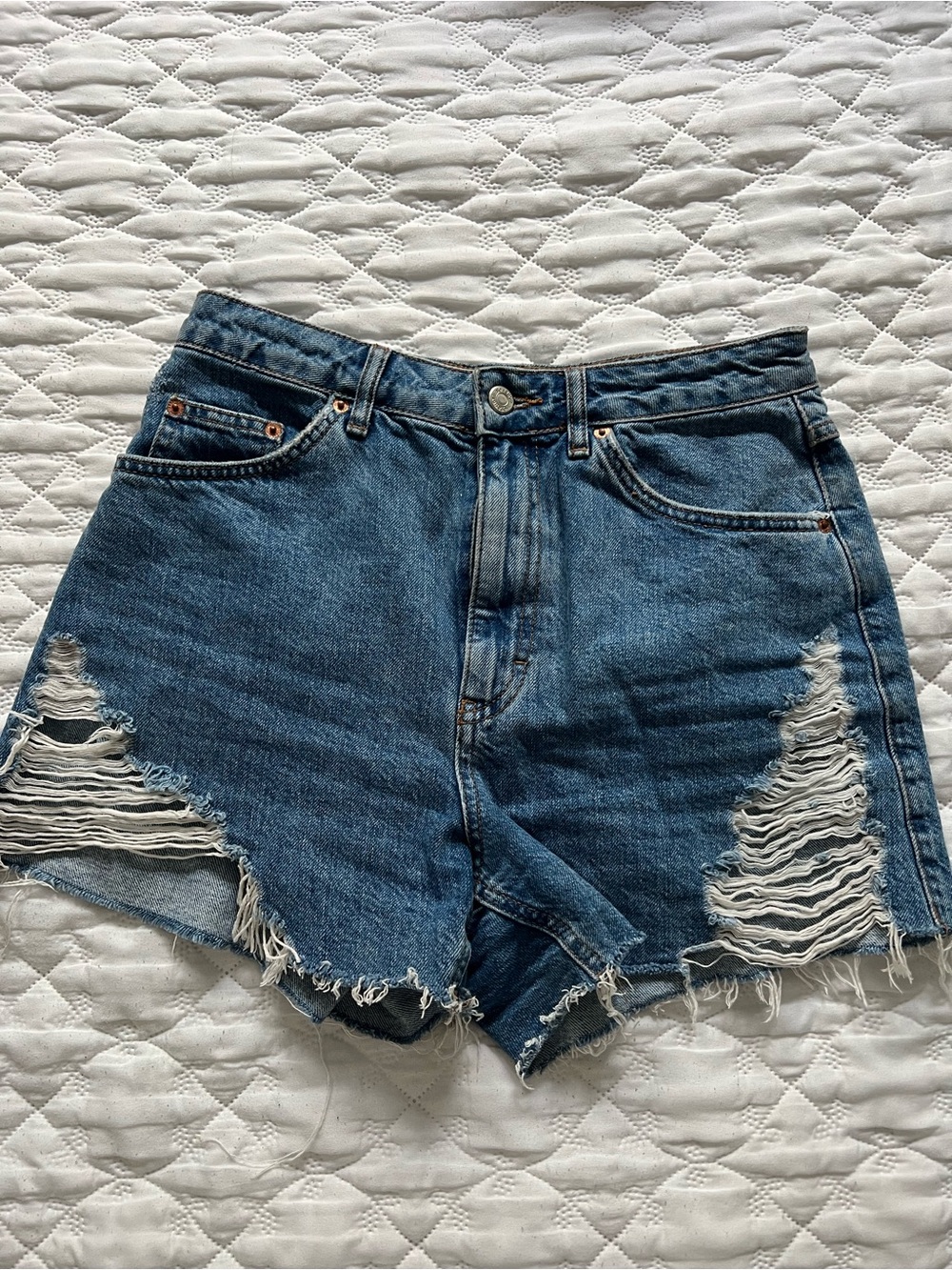 Topshop Distressed High-Rise Denim Shorts - Blue